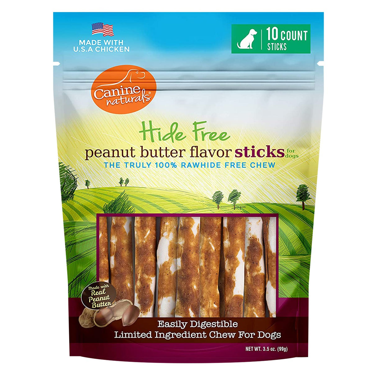 Canine Naturals Rawhide Free Peanut Butter Flavour Sticks 5 Inch 10 Pack Dog Treat