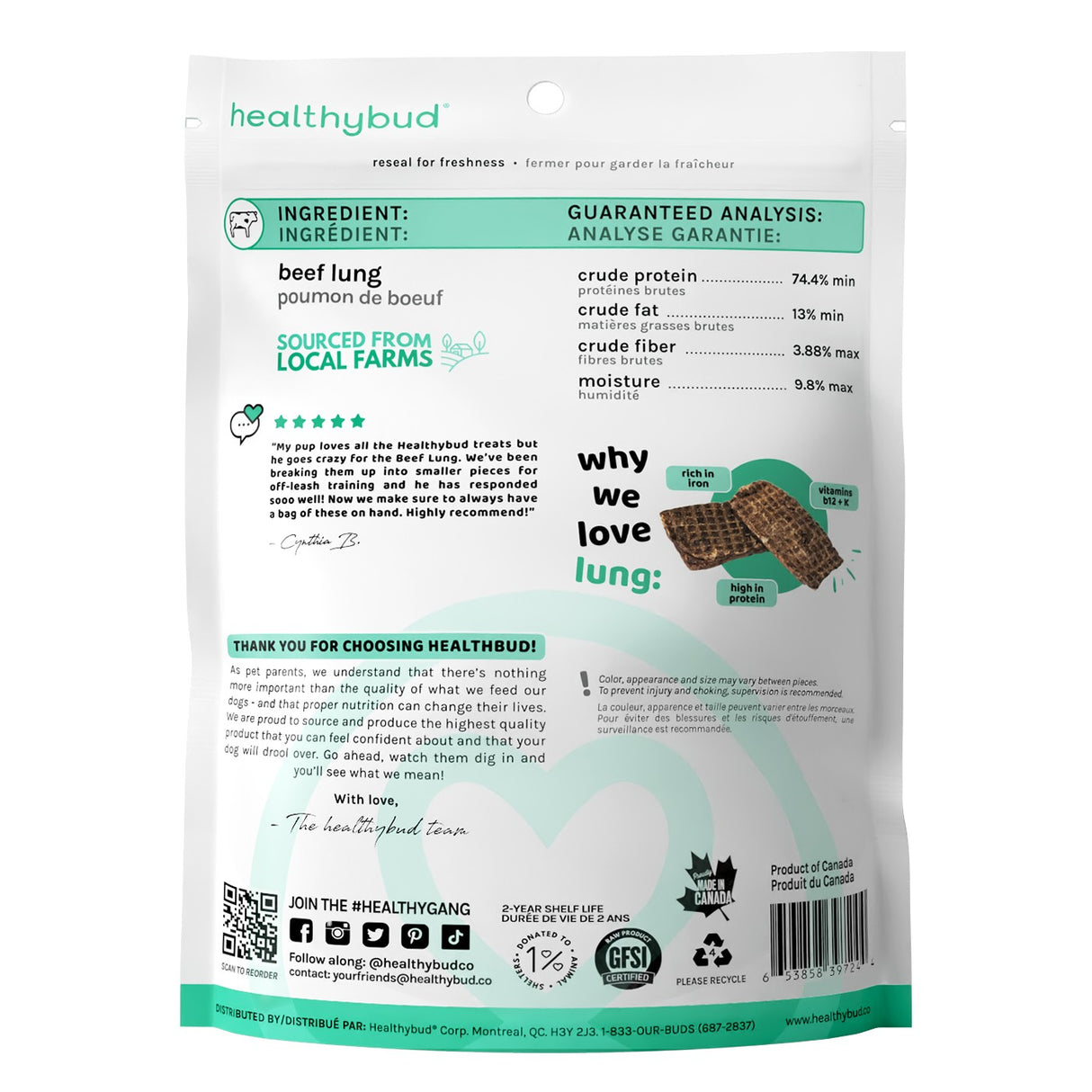 Gâterie pour chien au poumon de bœuf Healthybud 2,1 oz