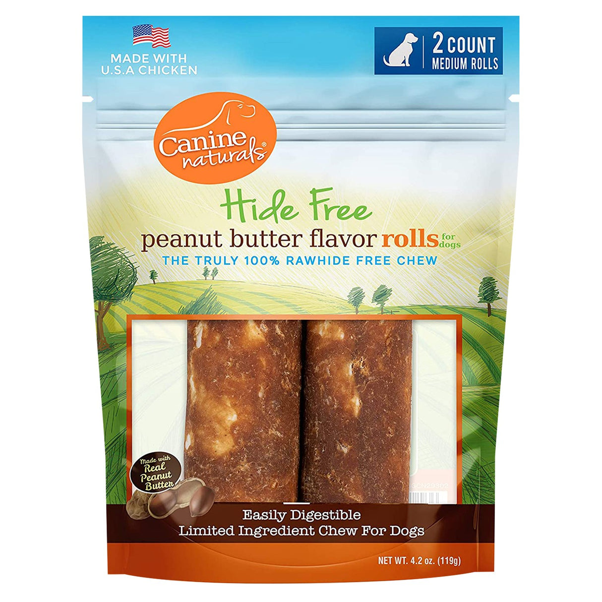Canine Naturals Rawhide Free Peanut Butter Flavour Rolls 4 In. - 2 Pack