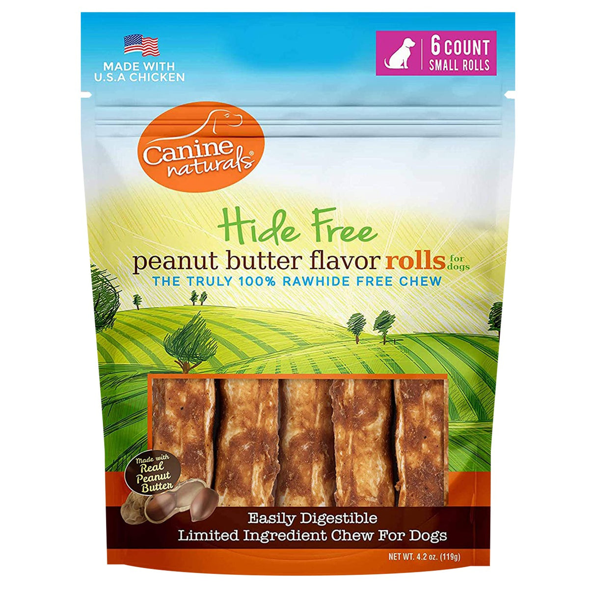 Canine Naturals Rawhide Free Peanut Butter Flavour Rolls 2.5 Inch 6 Pack Dog Treat