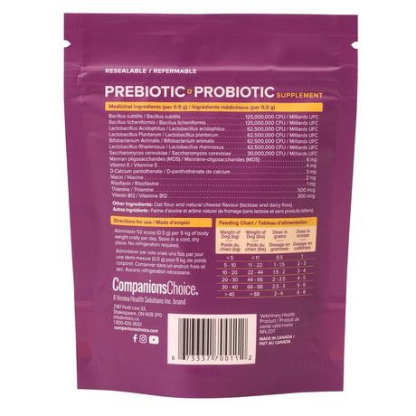Companion's Choice Supplément prébiotique et probiotique en poudre pour animaux de compagnie 125 g